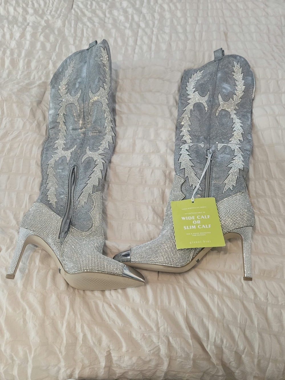 Gianni Bini Silver Rhinestone Western Stiletto Knee-High Boots